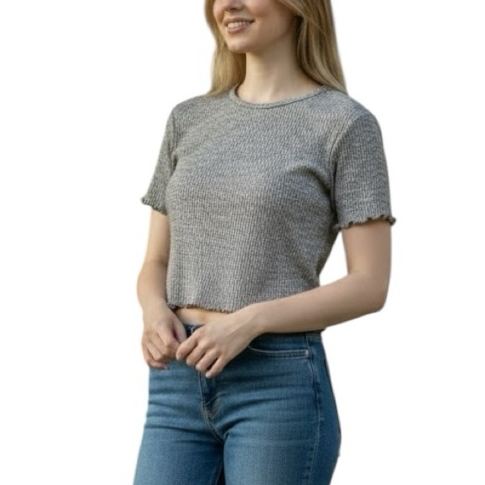 American Eagle Outfitters AE Gray / White Heathered Cropped T Shirt